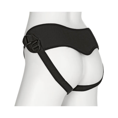 Black adjustable Vac-U-Lock harness shown on a white mannequin from the back and side angle.