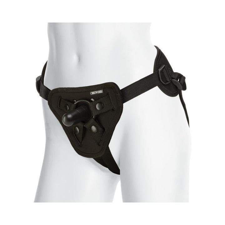 Black Vac-U-Lock Supreme Harness displayed on a white mannequin showing adjustable straps and front attachment ring.