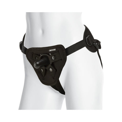 Black Vac-U-Lock Supreme Harness displayed on a white mannequin showing adjustable straps and front attachment ring.
