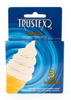Pack of three Trustex vanilla flavored lubricated latex condoms with reservoir tip, blue packaging featuring vanilla ice cream cone.