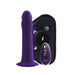 Deep purple rechargeable silicone dildo with suction base, black adjustable harness, and matching remote control.