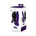 Packaging box of Vedo Diki rechargeable vibrating dildo in deep purple with harness and remote control shown.