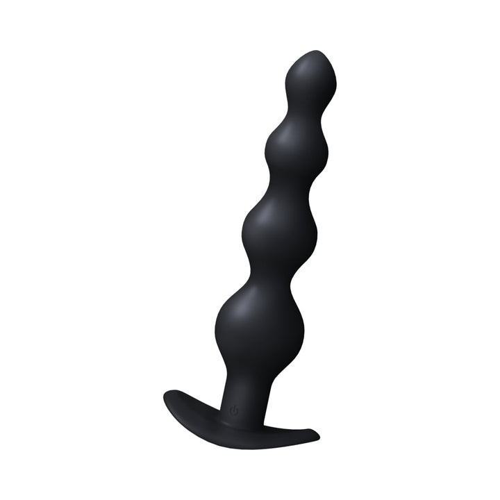 Black silicone anal vibrator with graduated beads and curved tip, designed for comfortable and intense stimulation.