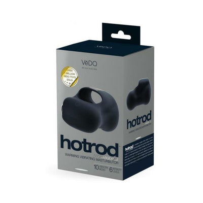 Packaging box of Vedo Hotrod rechargeable warming vibrating masturbator in black with product image and features listed.