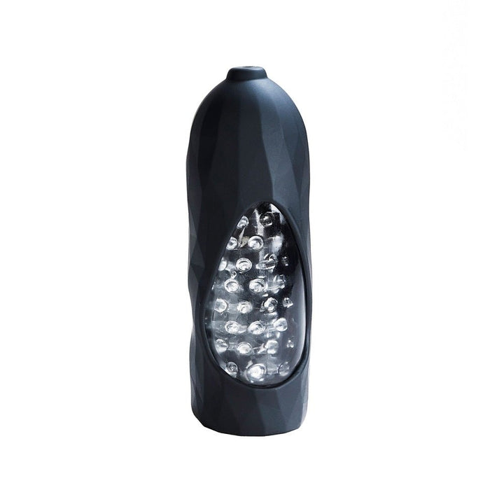 Black rechargeable vibrating sleeve with textured inner surface and faceted exterior design.