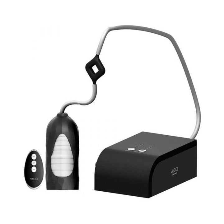 VeDo Hummer Super BJ Machine with black motor housing, textured sleeve, remote control, and connecting tubing on white background.