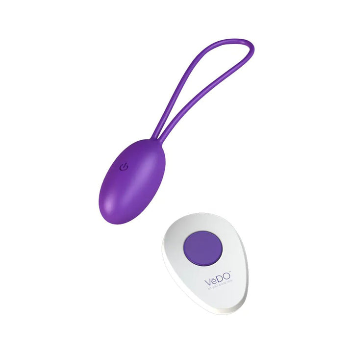 Purple VeDO Peach rechargeable egg vibrator with remote control on white background