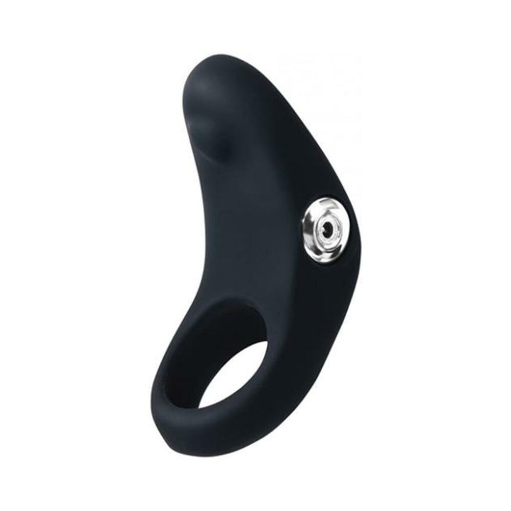 Black rechargeable vibrating c-ring made of smooth silicone with a flexible nub and a silver button detail.