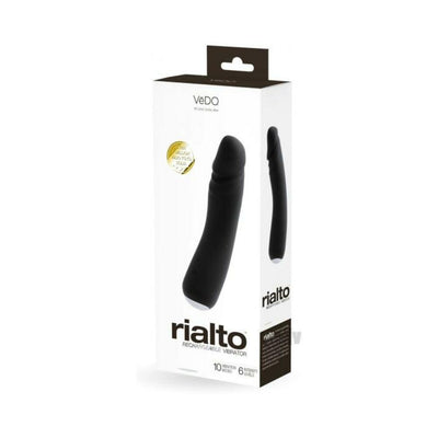 Packaging of Vedo Rialto Rechargeable Vibe Black Pearl showing the sleek black vibrator with ergonomic design and multiple vibration modes.