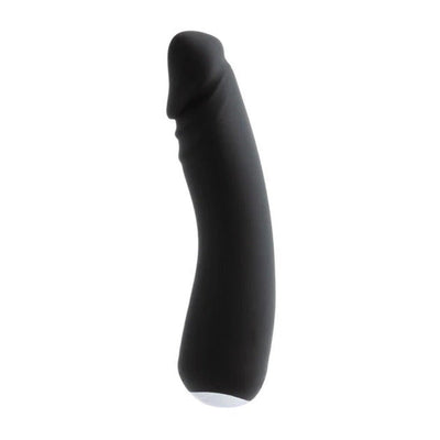 Black rechargeable silicone vibrator with curved shaft and smooth finish, designed for versatile and comfortable use.