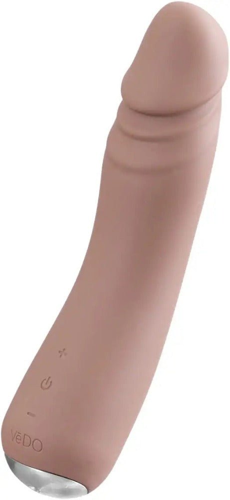 Mocha-colored rechargeable silicone vibrator with ergonomic design and control buttons on the base.