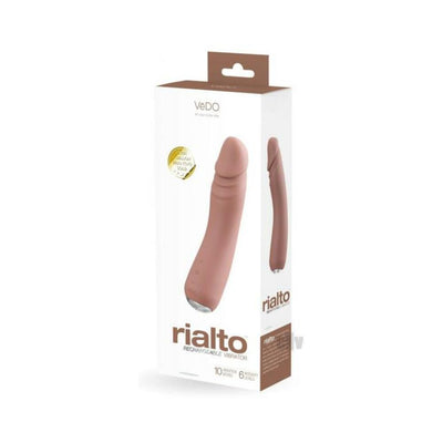 Packaging box of Vedo Rialto rechargeable vibrator in mocha color with product image and features listed.