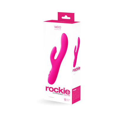 Packaging of Vedo Rockie Rechargeable Dual Vibe in bright pink with dual curved silicone design and 12 vibration modes.