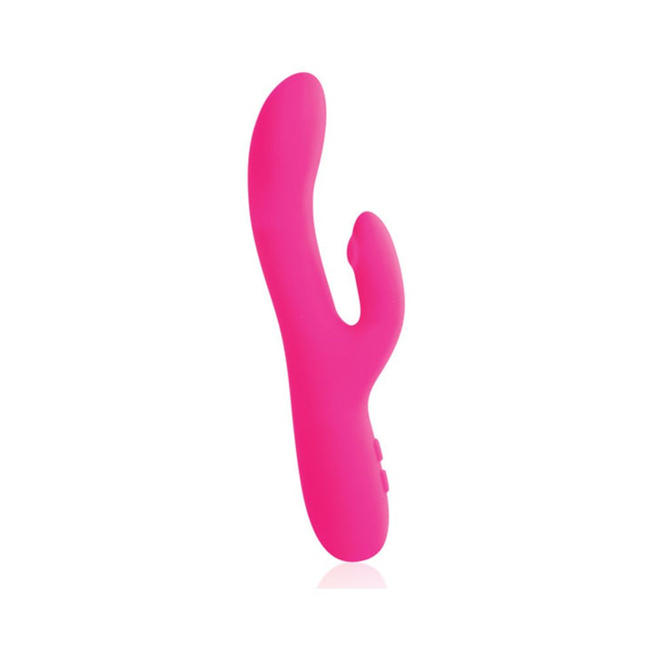 Pink rechargeable dual motor silicone vibrator with curved shaft and flexible clitoral stimulator.