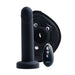 Black rechargeable strap-on with adjustable harness and remote control displayed on white background.