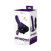 Packaging box of Vedo Strapped rechargeable vibrating strap-on in deep purple with remote control and adjustable harness shown.