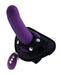 Deep purple rechargeable vibrating strap-on with adjustable black harness and remote control.