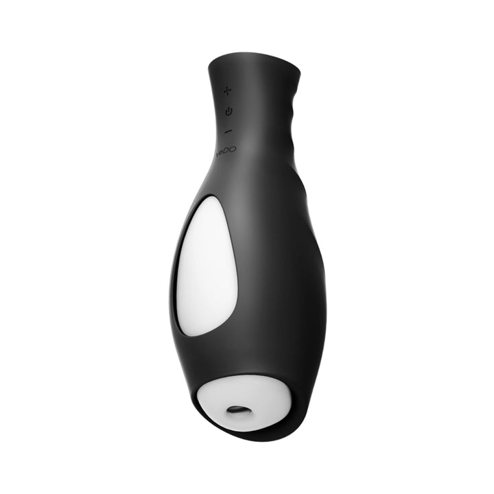Black VeDo Torpedo vibrating stroker with white see-through window and control buttons on the side.