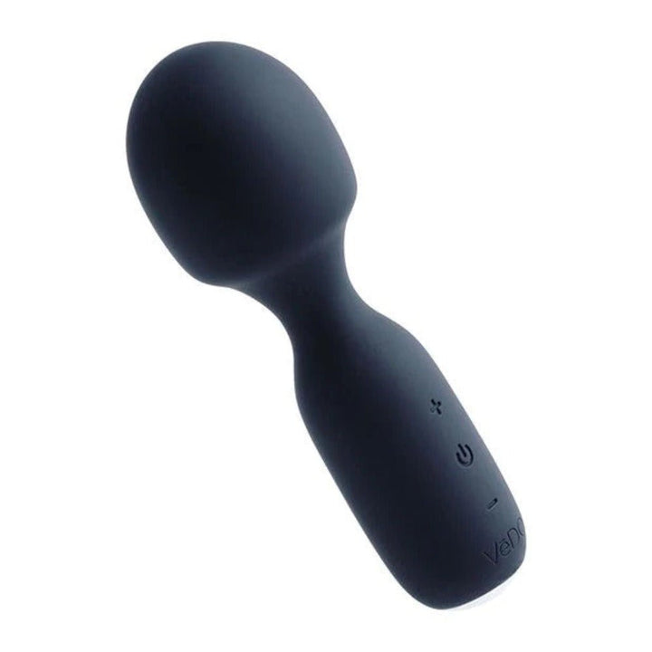 Compact black rechargeable mini wand with smooth silicone finish and control buttons on the handle.
