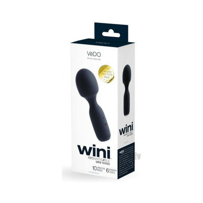 Packaging box of Vedo Wini rechargeable mini wand in black with 10 vibration modes and 6 intensity levels shown.