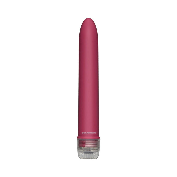 Sleek 7-inch pink vibrator with velvety smooth finish and clear base control dial by Doc Johnson.