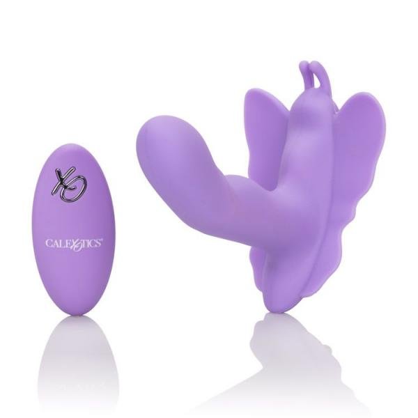 Purple silicone butterfly-shaped vibrator with remote control, designed for versatile and discreet pleasure.