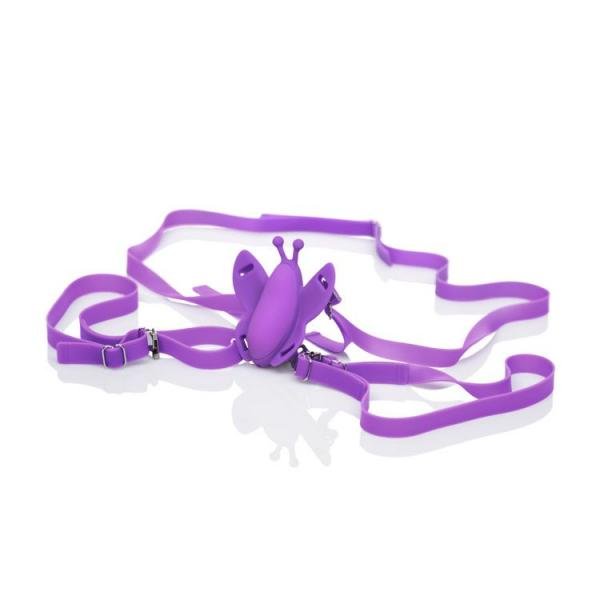 Purple silicone remote-controlled micro butterfly with adjustable straps on a white background