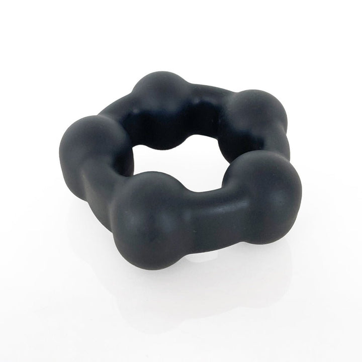 Black liquid silicone cock ring with five rounded motion ball chambers for enhanced stimulation.