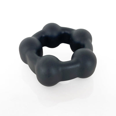 Black liquid silicone cock ring with five rounded motion ball chambers for enhanced stimulation.