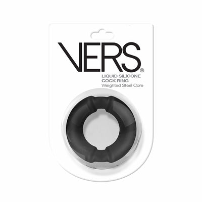 Vers Steel Weighted C-ring in black liquid silicone with weighted steel core, packaged in clear blister pack with white backing.