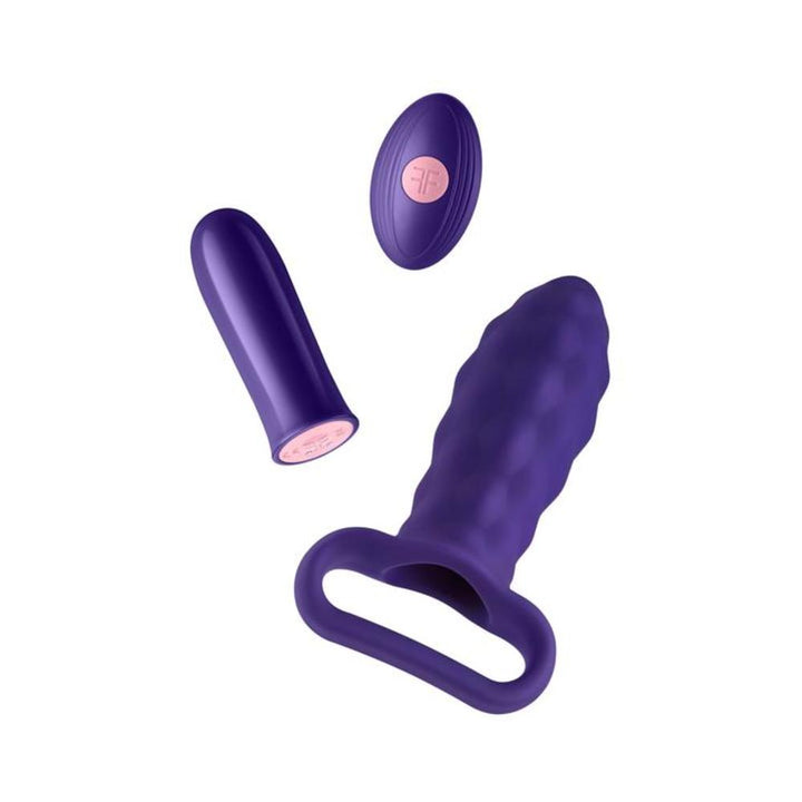 Dark purple Femme Funn Versa Bullet with textured plug sleeve and wireless remote control on white background.