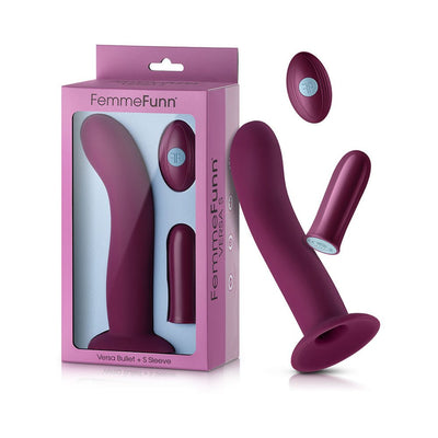 Dark fuchsia Femme Funn Versa Bullet vibrator with textured shaft sleeve and wireless remote in packaging and displayed separately.