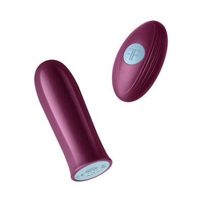 Dark fuchsia Femme Funn Versa bullet vibrator with textured remote control on white background.
