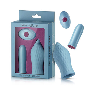 Light blue Femme Funn Versa Bullet with textured T sleeve and wireless remote in packaging and displayed separately.
