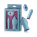 Light blue Femme Funn Versa Bullet with textured T sleeve and wireless remote in packaging and displayed separately.