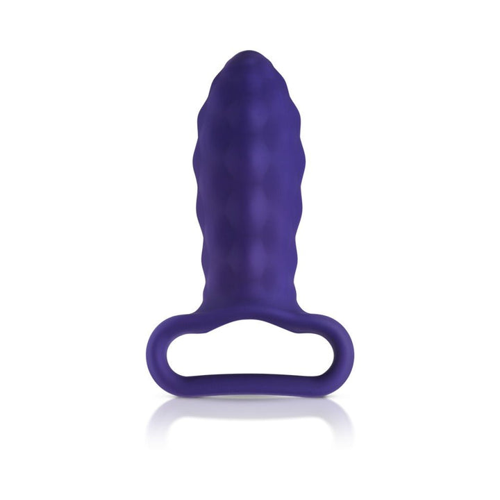 Dark purple textured silicone plug sleeve with a looped handle for easy grip and control.