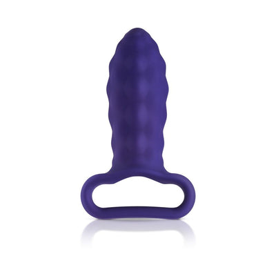 Dark purple textured silicone plug sleeve with a looped handle for easy grip and control.