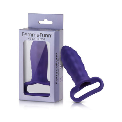 Dark purple textured silicone plug sleeve with ergonomic handle next to its lavender packaging box.