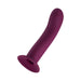 Dark fuchsia curved silicone shaft sleeve with suction base for targeted G spot stimulation and harness compatibility.