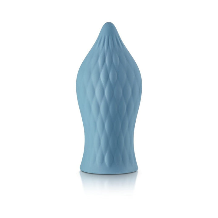 Light blue textured silicone sleeve designed to enhance sensation, shaped with a soft, tapered tip.