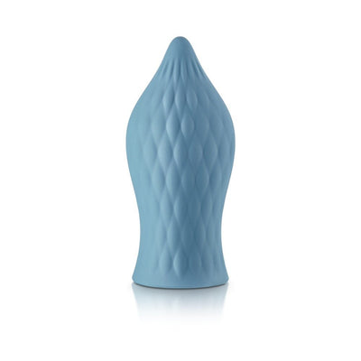 Light blue textured silicone sleeve designed to enhance sensation, shaped with a soft, tapered tip.