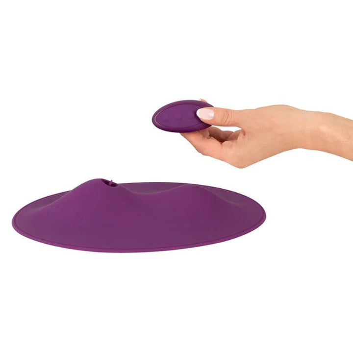 Purple ergonomic VibePad 2 with soft silicone surface and matching remote control held by hand.