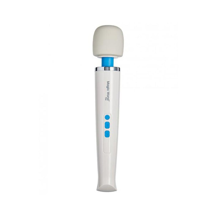 White Vibratex Magic Wand Plus HV-265 body massager with soft silicone head and blue control buttons on handle.