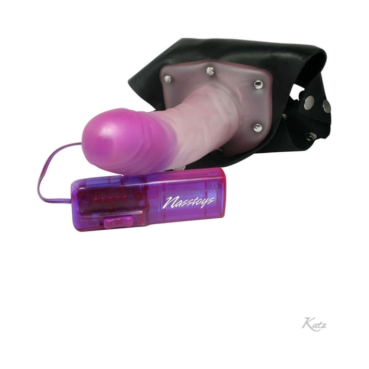 Lavender vibrating crystal jelly strap-on with adjustable black harness and purple remote control.