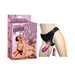 Lavender vibrating crystal jelly strap-on with adjustable black harness and remote control shown on mannequin.