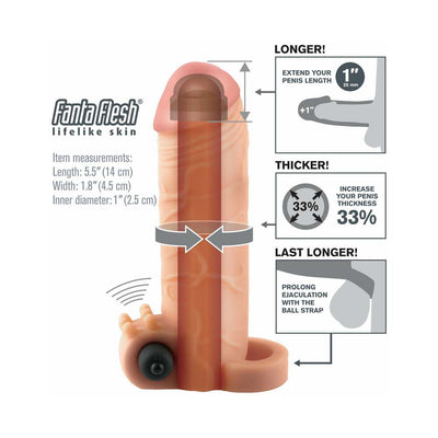 Diagram of a lifelike vibrating extension sleeve with 1-inch length increase, 33% thickness boost, and ball strap for prolonged endurance.