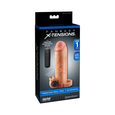 Packaging of Fantasy X-tensions Vibrating Real Feel 1-inch extension with waterproof bullet vibrator shown.