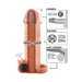 Vibrating 2-inch extension sleeve with ball strap and clitoral stimulator for enhanced length, girth, and prolonged performance.