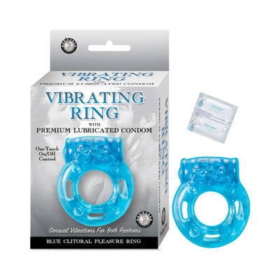 Blue vibrating clitoral pleasure ring with one-touch control and included premium lubricated condom in packaging.