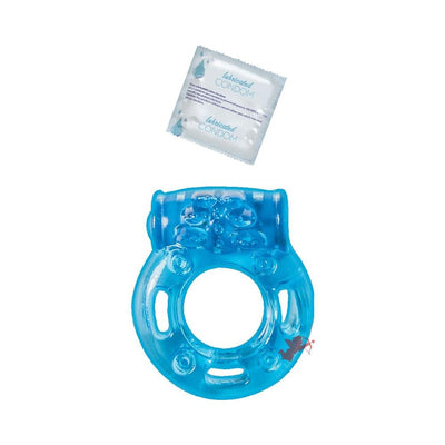 Blue vibrating clitoral pleasure ring with textured surface and included lubricated condom.